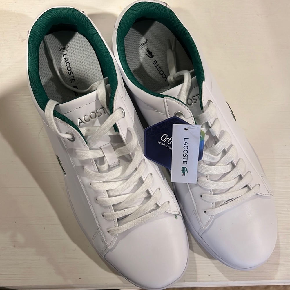 White Lacoste Tennis Shoes w/ Green Insides ( Box not included )